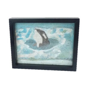 Blue Black Speckled Whale Pointillism Framed Art
